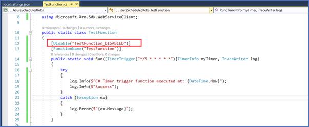غیرفعال کردن یک تابع در توابع Azure 1.x که از Visual Studio مستقر شده است