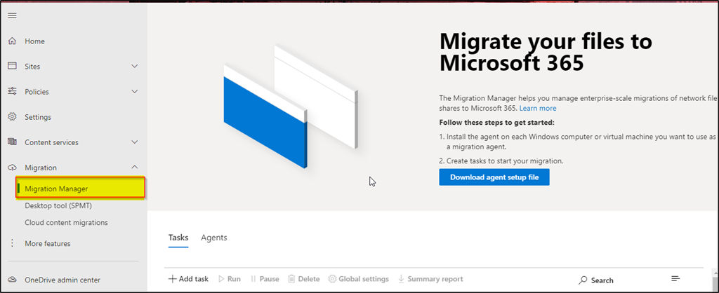 متن جایگزین تولید شده توسط ماشین: سیاست‌های سایت‌های خانگی سی دی تنظیمات خدمات محتوا انتقال ابزار دسک‌تاپ مدیر مهاجرت (SPMT) انتقال محتوای ابری ویژگی‌های بیشتر مرکز مدیریت OneDrive انتقال فایل‌های خود به Microsoft 365 مدیر مهاجرت به شما کمک می‌کند تا انتقال در مقیاس سازمانی اشتراک‌گذاری فایل‌های شبکه به مایکروسافت را مدیریت کنید. 365. بیشتر بدانید برای شروع مراحل زیر را دنبال کنید: 1. عامل را بر روی هر رایانه ویندوز یا ماشین مجازی که می خواهید به عنوان عامل مهاجرت استفاده کنید، نصب کنید.  2. وظایفی را برای شروع مهاجرت خود ایجاد کنید.  دانلود فایل تنظیم عامل Tasks Agents + Add task /> Run Il Pause حذف تنظیمات کلی گزارش خلاصه p جستجو 