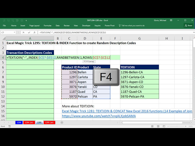 فیلم آموزشی: ترفند جادویی Excel 1295: تابع TEXTJOIN & INDEX برای ایجاد کدهای توصیف تصادفی با زیرنویس فارسی
