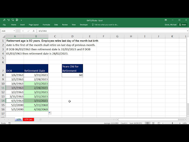 فیلم آموزشی: Excel Magic Trick 1270: محاسبه تاریخ بازنشستگی با توابع EDATE و EOMONTH با زیرنویس فارسی