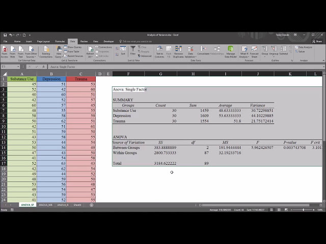 فیلم آموزشی: ANOVA یک طرفه (ANOVA: Single Factor) با استفاده از ابزارهای تجزیه و تحلیل داده Excel 2016 با زیرنویس فارسی