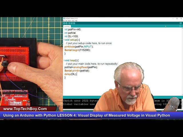 فیلم آموزشی: استفاده از آردوینو با پایتون درس 4: نمایش بصری ولتاژ اندازه گیری شده در پایتون ویژوال