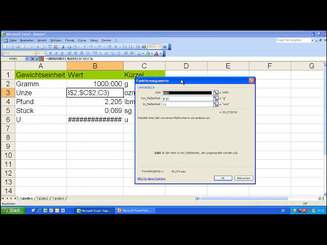 فیلم آموزشی: Excel 2003 - UMWANDELN von Gewichtseinheiten - Gramm in Unze konvertieren