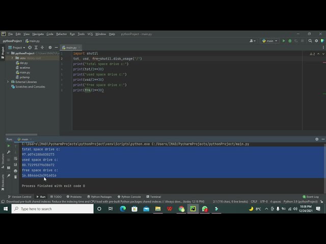 فیلم آموزشی: نحوه پیدا کردن فضای درایوها با پایتون | فضای کل، فضای استفاده شده و آزاد را در pycharm هدایت کنید