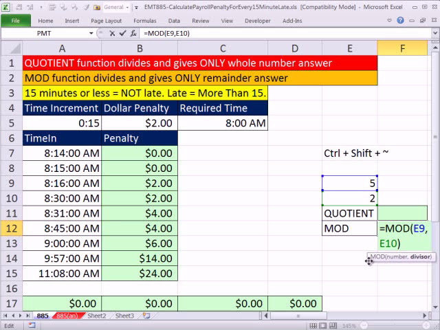 فیلم آموزشی: ترفند جادویی اکسل 885: محاسبه جریمه حقوق و دستمزد برای هر 15 دقیقه تاخیر QUOTIENT و MOD با زیرنویس فارسی