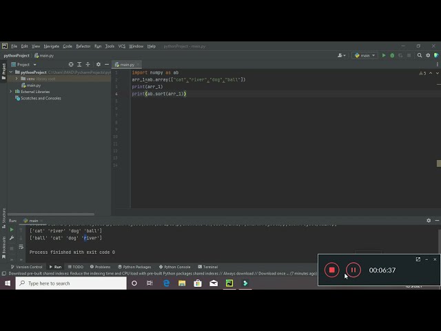 فیلم آموزشی: نحوه چیدمان آرایه های ناقص در pycharm/python | نحوه مرتب سازی آرایه های numpy در pycharm با زیرنویس فارسی