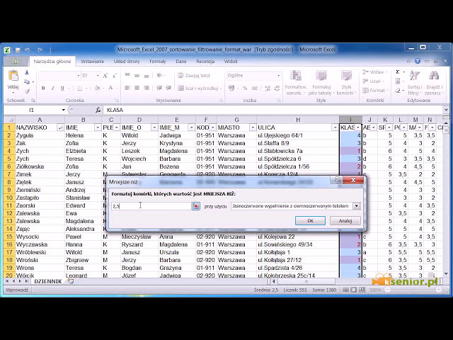 فیلم آموزشی: 14. Microsoft Excel 2007/2010 - sortowanie i filtrowanie danych, formatowanie warunkowe..avi