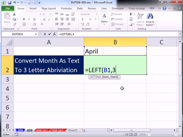 فیلم آموزشی: Excel Magic Trick 859: تبدیل ماه به عنوان متن به اختصار 3 حرفی با استفاده از تابع LEFT با زیرنویس فارسی