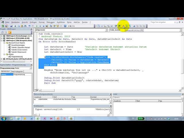 فیلم آموزشی: Excel # 330 - تست متغیر کنترل و کد VBA - Einzelschritt و Lokalfenster