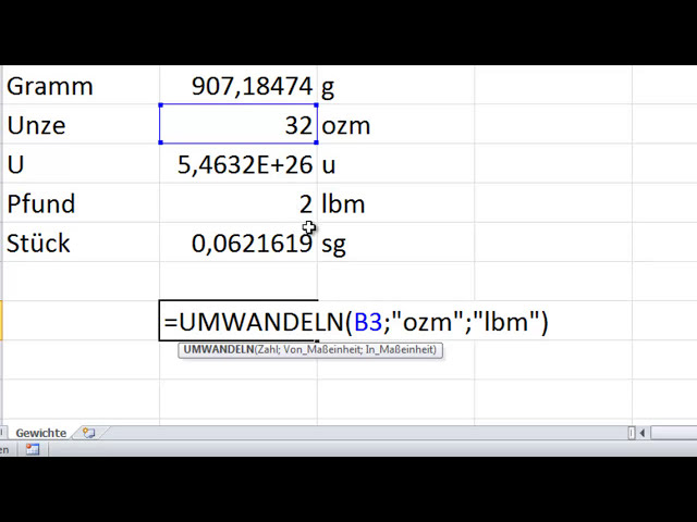 فیلم آموزشی: Excel - UMWANDELN von Gewichtseinheiten - Gramm zu Pfund lbm