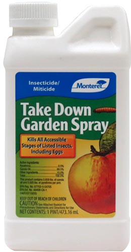 یک تصویر عمودی نزدیک از بسته بندی اسپری مونتری Take Down Garden، یک حشره کش برای استفاده در محصولات سبزیجات.