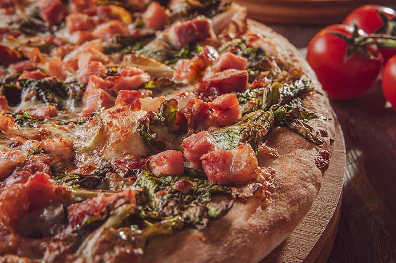 تصویر افقی نزدیک از یک پیتزای خانگی با گوجه فرنگی و سبزی که برای آب انداختن دهانتان و صدا زدن دومینو کافی است.