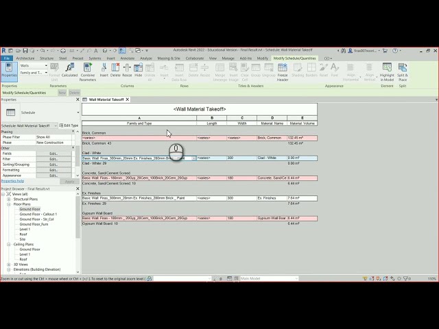 فیلم آموزشی: Basic Material Takeoff در Revit _ Brick Volume Schedule در Revit با زیرنویس فارسی