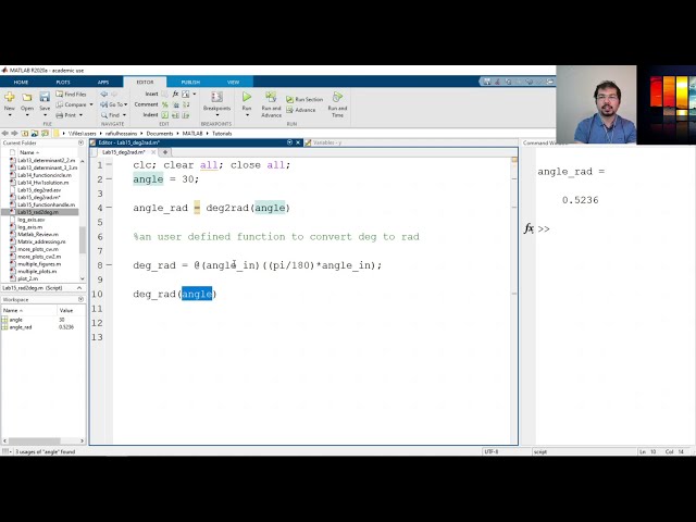 فیلم آموزشی: مثال تابع ناشناس در متلب | تبدیل زاویه از درجه به تابع تعریف شده توسط کاربر رادیان با زیرنویس فارسی