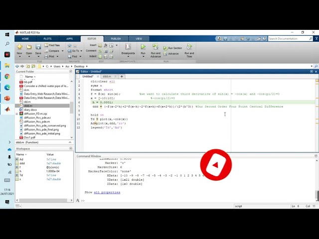 فیلم آموزشی: نحوه یافتن مشتق عددی با استفاده از تقریب تفاضل محدود کد متلب