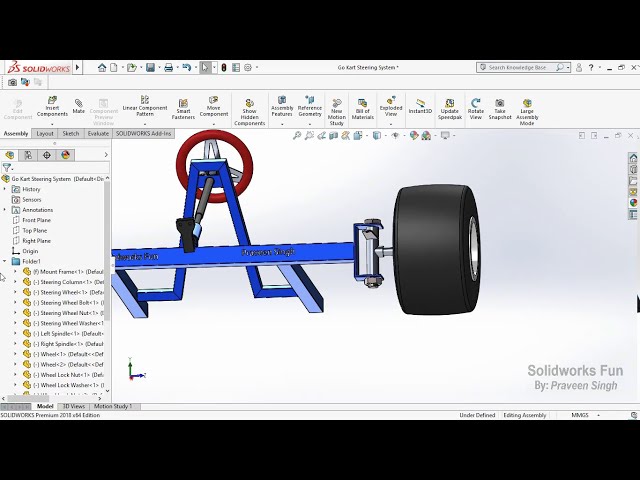 فیلم آموزشی: آموزش کامل مونتاژ و حرکت مکانیزم فرمان Go Kart (انیمیشن) در Solidworks