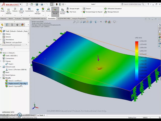 فیلم آموزشی: شبیه سازی بار نقطه ای Solidworks تحلیل استاتیکی شماره 1