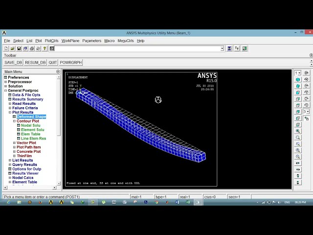 فیلم آموزشی: نمودار در Ansys APDL برای شیب و انحراف، یک طرف ثابت، انتهای دیگر به سادگی با UDL پشتیبانی می شود