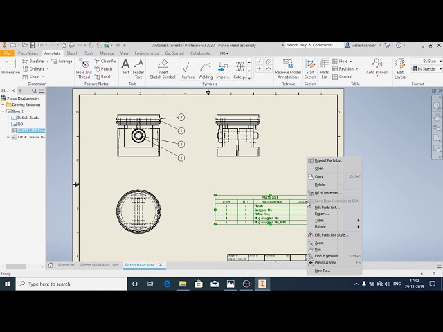 فیلم آموزشی: مونتاژ و پیش نویس سر پیستون موتور Autodesk Inventor-2020